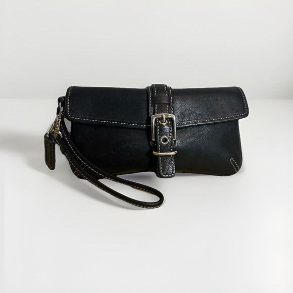 Coach Handbags - Coach Vintage Black Leather Buckle Wristlet Clutch Silver Buckle W Tag